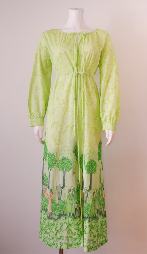 1970s Green Sheer Maxi Dress with Art Nouveau Nov… - image 1