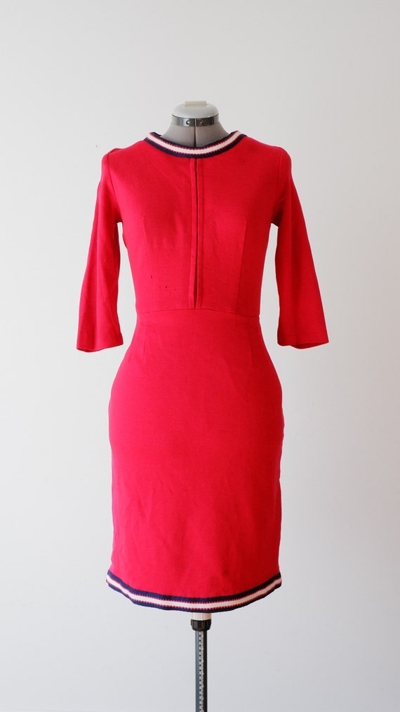 1950's Red Knit Dress / Vintage Long Sleeve Pencil