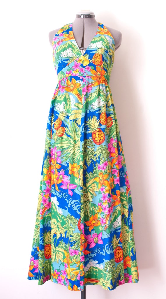 Vtg 60s Sun Fashions Casual Aire Green Psychedelic Floral Hawaiian Maxi Dress M