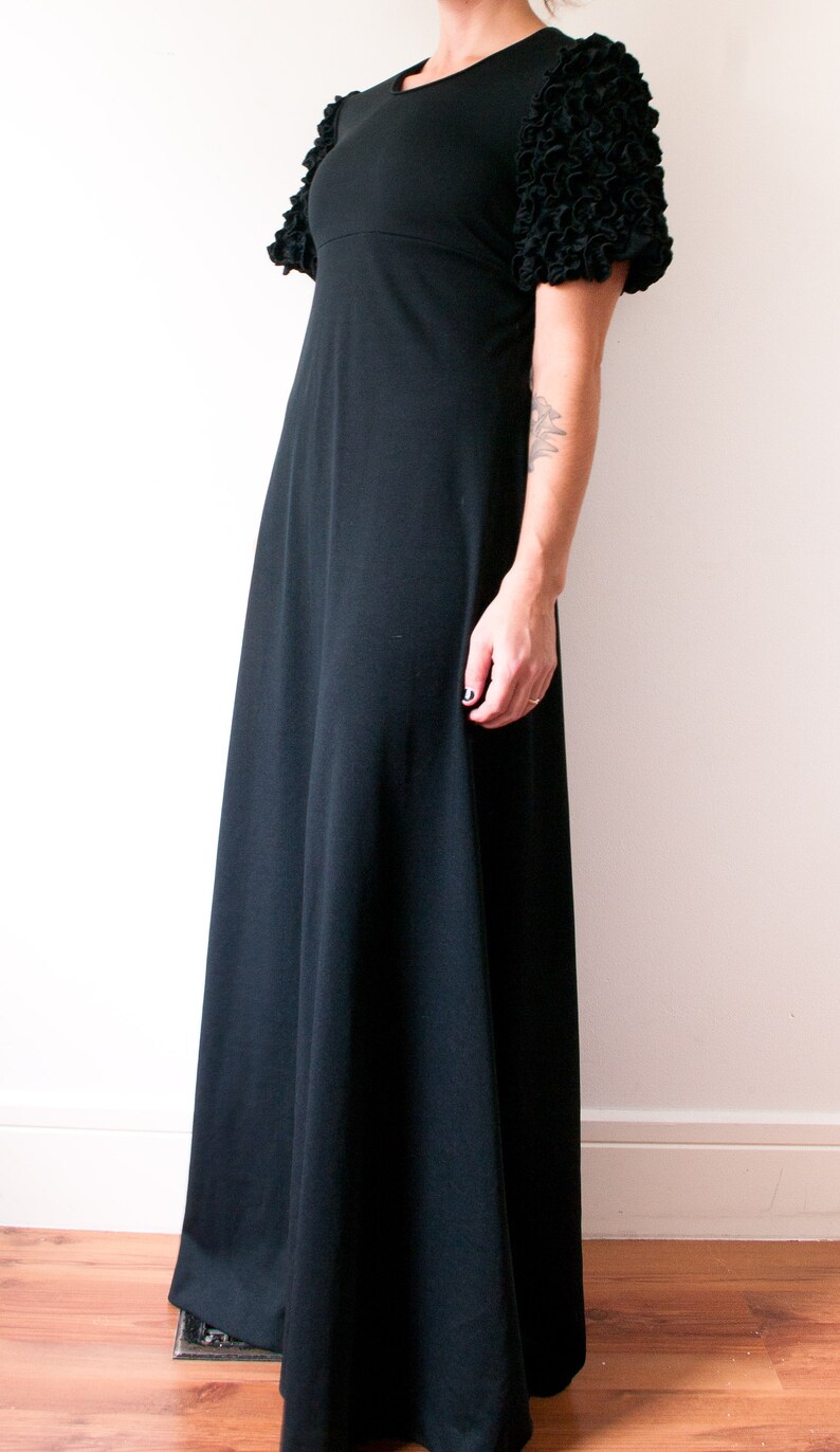 1960s Black Ruffle Sleeve Maxi Dress image 3