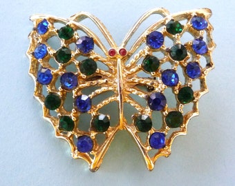 Big Blue Butterfly Pin Brooch --  Rhinestones !
