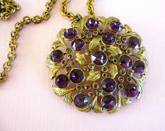 Vintage Purple Stone Pendant Medallion and Chain