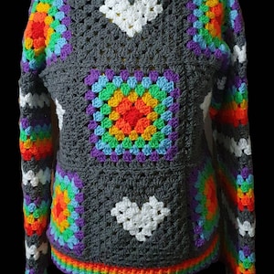 Crochet Grey and Rainbow Patchwork Jumper with White Hearts