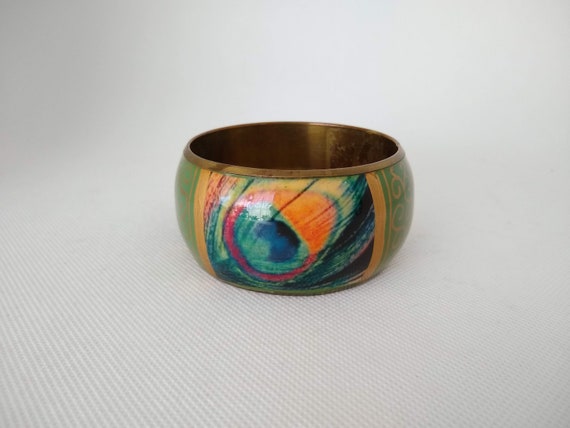 Vintage brass bangle, Peacock feathers design. - image 1