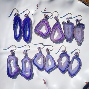 Purple Dyed Agate Geode Slice Earrings - Copper Electroformed