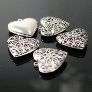 5 pcs Antique SILVER Heart Filigree Locket Pendant Charm - 25mm 1 inch 8mm thickness - Brass Locket Pendant Charm - Ship from California USA