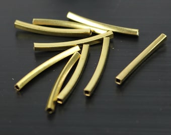 Square Raw Brass Curved Tubes Spacer Beads (25x2x2mm), 25 pcs