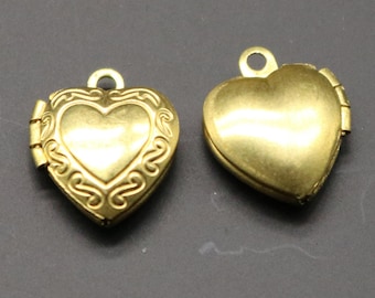 Raw BRASS Filigree Locket Small Heart in Heart Pendant Charm Dangle - 12x10.4mm - Brass Locket Pendant Charm -Ship California USA - A