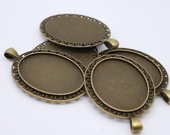 Antique Brass Oval Bezel Blanks: 30x40mm Pendant Cabochon Setting, 5 pcs