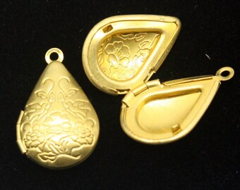 raw BRASS Filigree FLOWER Teardrop Locket Pendant Charm Dangle - 20x24mm - Brass Locket Pendant - Ship from California USA - B5