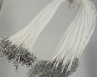 White Necklace Cords: 1.5mm Adjustable Cotton Cord, Rhodium Lobster Clasp, 100 pcs