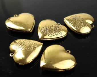 Antique Gold Heart Locket Charms: Brass Pendants (29x29mm), 5 pcs