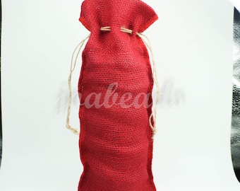 3 pcs of Red Burlap Wine Bag  Christmas Holiday Rustic Decor - 14" x 5" (35cm x 14cm) Natural Jute Burlap Bags - HEMP Jute Bag