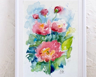 Original watercolor of pink peonies flowers from the garden, original wall art of multicolored flowers, flowery scene, blooming springtime