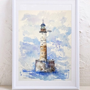 Dipinto del faro AR-MEN, paesaggio ad acquerello del faro in cemento, dipinto di paesaggio marino, decorazione a tema oceano, faro dell'Inferno