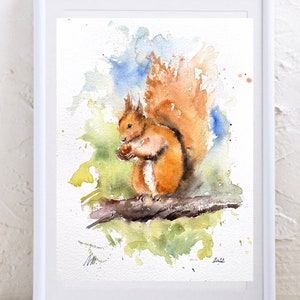 Dipinto ad acquerello originale di uno scoiattolo rosso, arte originale dello scoiattolo, simpatico animale della foresta, decorazione scoiattolo, regalo di nascita del bambino