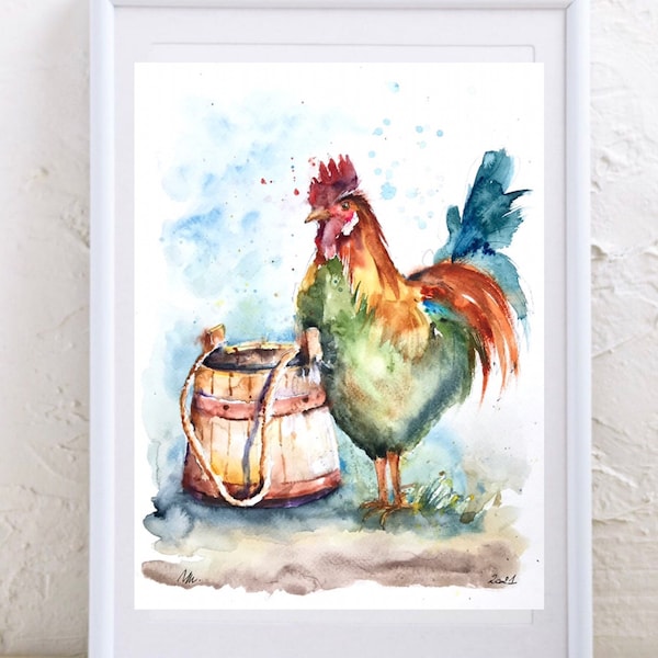 Rooster painting in original watercolor, country decor, illustration of a rooster, impressionist painting of a rooster, chicken and hen art