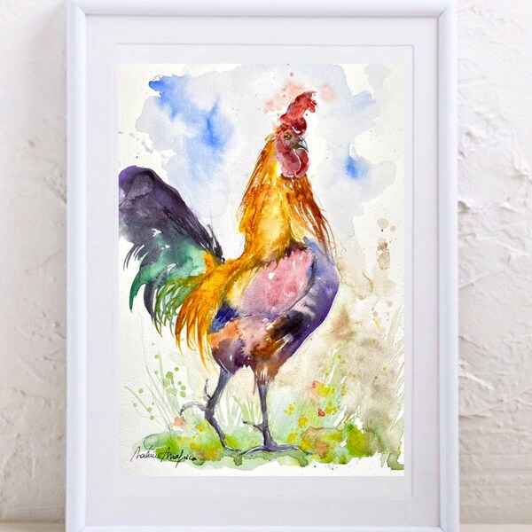 Peinture de coq, aquarelle originale du coq de la basse-cour, décoration murale style campagne, décoration ou cadeau pour fan de gallinacés