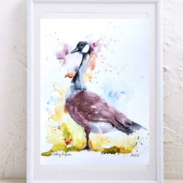 Originalgemälde einer Kanadagans, Aquarell einer wunderschönen schwarzen Gans namens Bustard, Wanddekorationsplakat mit wilden Gänsen aus dem Norden