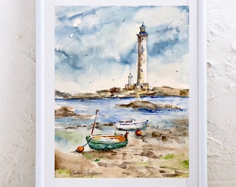 Fishing boats and lighthouse, Ile Vierge landscape in Brittany France, original watercolor, fishing boat on the beach, trawler art painting