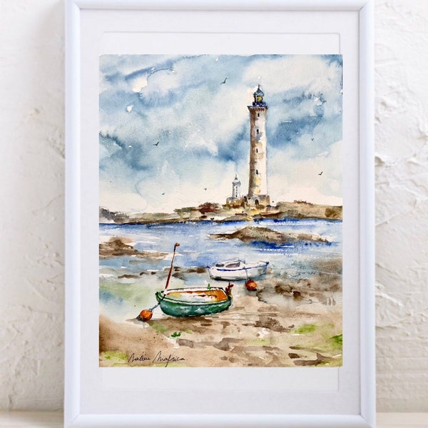 Bateaux de pêche et phare, paysage Ile Vierge en Bretagne en aquarelle originale, barque de pêcheur sur la plage, peinture art chalutier