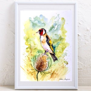 Acquerello originale di un cardellino su un cardo - uccello colorato, natura selvaggia, dipinto poetico fatto a mano, fauna selvatica