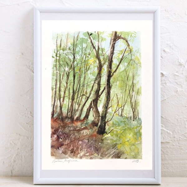 Forêt en aquarelle originale, peinture de paysage de forêt, arbres troncs et feuillages verts, sous-bois, affiche milieu forestier sylvicole
