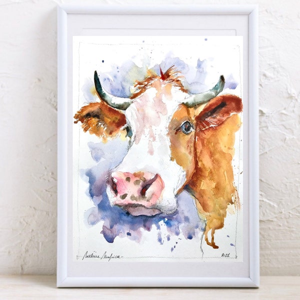 Portrait d'une vache rousse, peinture aquarelle originale, animal de ferme, décoration campagnarde, illustration de vache, art animalier