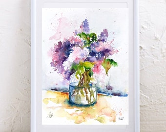 Lilac flower painting, original watercolor of a bouquet of purple lilacs from the garden, floral home decorative wall art, romantic gift