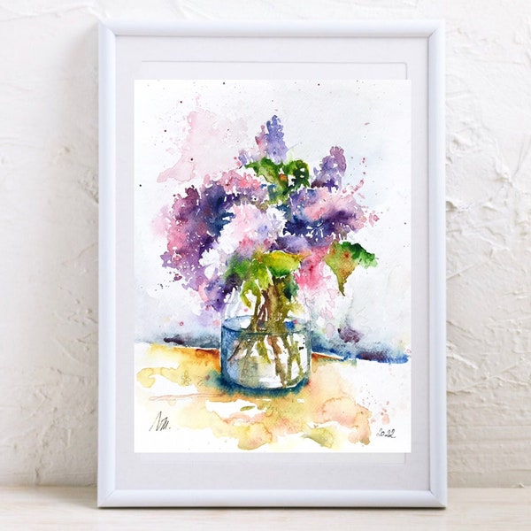 Peinture de fleurs de lilas, aquarelle originale d’un bouquet de lilas mauve du jardin, art floral mural décoratif pour la maison, cadeau