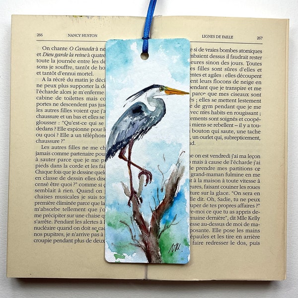 Marque-page de héron cendré, signet pour livre illustration héron en peinture originale aquarelle, cadeau d’art pour lecteur fan d’oiseaux