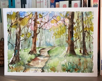 Paisaje de bosque primaveral en acuarela, pintura original de un sotobosque brillante, decoración de pared de bosque verde, paseo por el bosque.