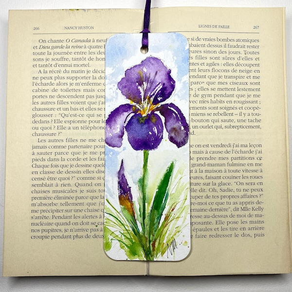 Marque-page peint à la main iris mauve, peinture originale de fleur d’iris sur signet, aquarelle d’iris, cadeau pour lecteur, iris violet