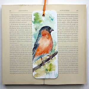 Bullfinch watercolor bookmark – Original bird painting – Gift for book lovers and birdwatchers