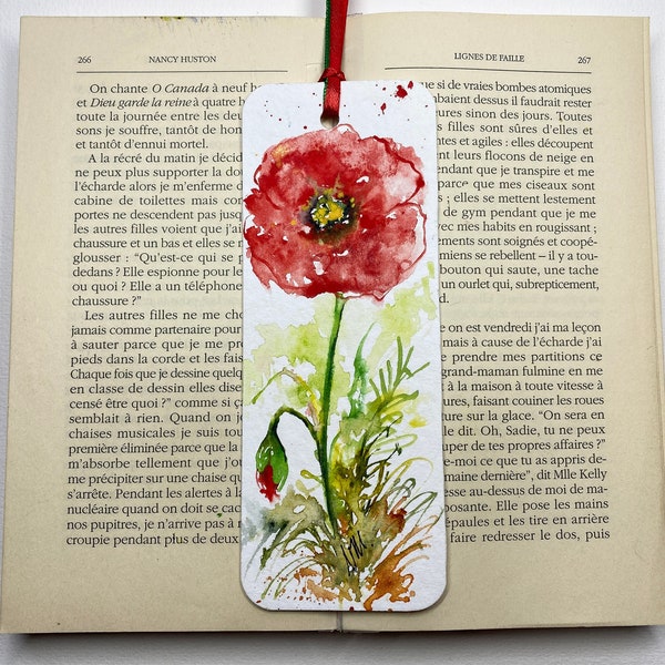 Marque-page décor coquelicot, peinture aquarelle de pavot rouge sur signet, accessoire pour lectrice, art original de fleur sauvage rouge