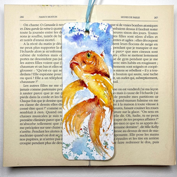 Marque-page poisson rouge, peinture originale de poisson en aquarelle, peinture ide, cadeau pour lecteur, cadeau zen minimaliste, carpe koi