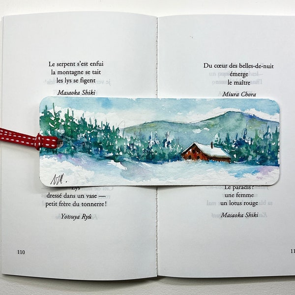 Marque-page de paysage hivernal, petit chalet en montagne sous la neige en peinture aquarelle originale, signet ambiance neige et sapins