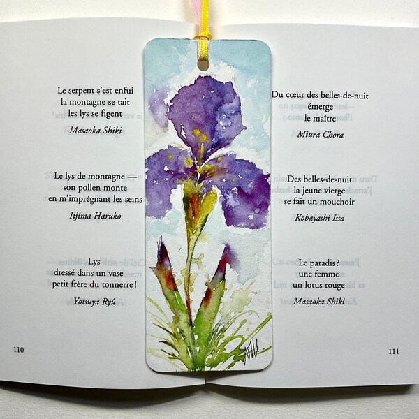 Marque-page peint à la main iris mauve, peinture de fleur d’iris sur signet pour livre, aquarelle d’iris, cadeau pour lectrice, iris violet