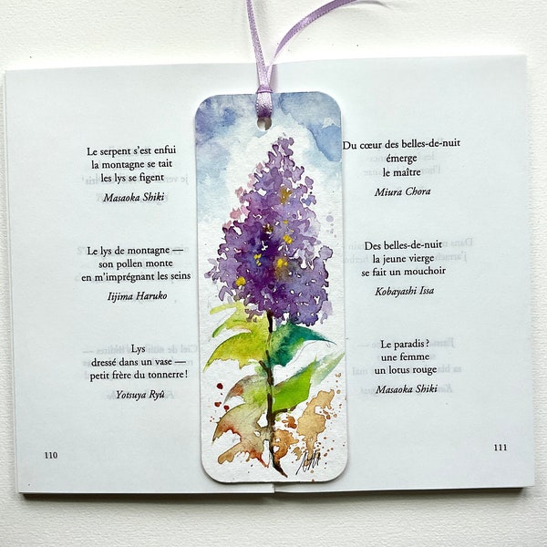 Marque-page peint à la main lilas mauve, peinture de fleur du printemps sur signet, aquarelle de lilas violet, cadeau pour elle, pour maman