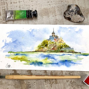 Mont Saint Michel, originele aquarelminiatuur, schilderij van Mont Saint Michel, Normandisch landschap, abdij, baai en zoutvlakten