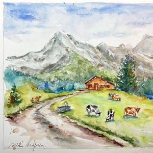 Original mountain watercolor in summer, mountain landscape painting, watercolor of the Alps, Chaine des Aravis, mountain chalet refuge