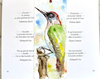 Woodpecker original watercolor painting on bookmark, garden bird painting, hand painted bookmark, reader gift, woodpecker picture art