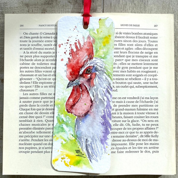 Marque-page aquarelle de coq peint à la main, peinture de coq, signet pour livre, illustration poule et coq, cadeau pour homme lecteur