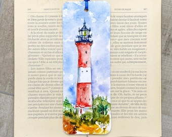 Red and white watercolor lighthouse bookmark, original marine lighthouse painting on bookmark, reader or men gift, beacon or semaphor deco