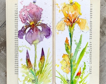 Set van 2 irisbladwijzers in origineel aquarelschilderij, duo van bloemenbladwijzers voor lezers, cadeaudecoratie tuinbloemen in de lente