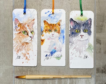 Original Watercolor Cat bookmark, cat decor bookmark for reader, cat theme reading accessory, unique cat painting, tabby ginger tuxedo