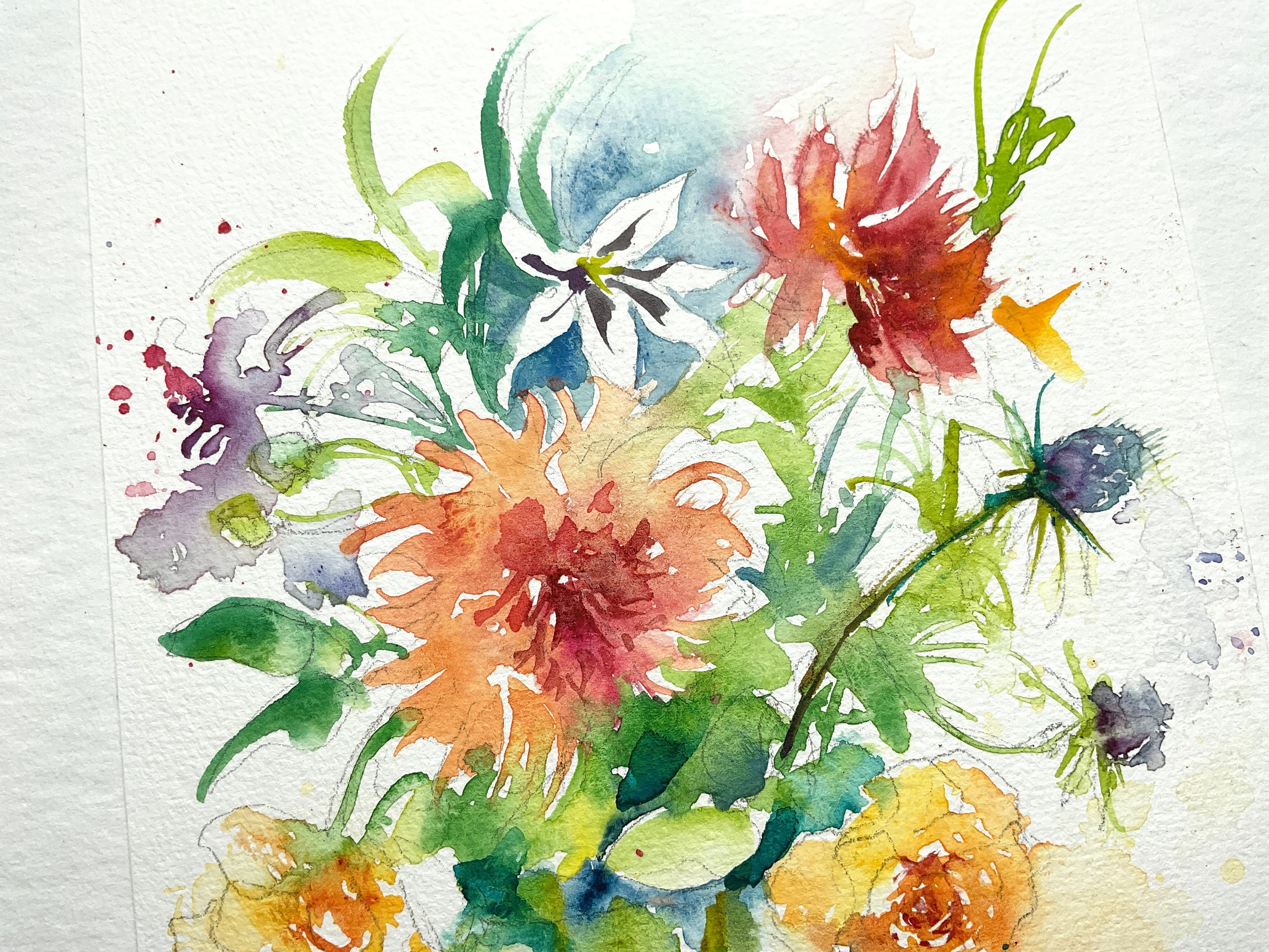 水彩画の花束、花瓶に描かれた庭の花の絵、色とりどりの花束、女性への