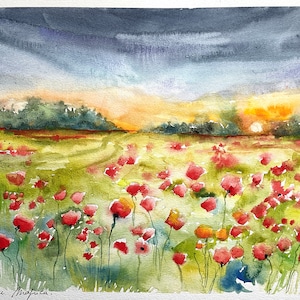 ひまわり畑の水彩画、ひまわりの花の原画、田舎の夏の花畑、典型