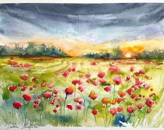 Paisaje de pradera de amapolas, campos de amapolas en acuarela, arte mural original de flores rojas, puesta de sol, campo floreciente