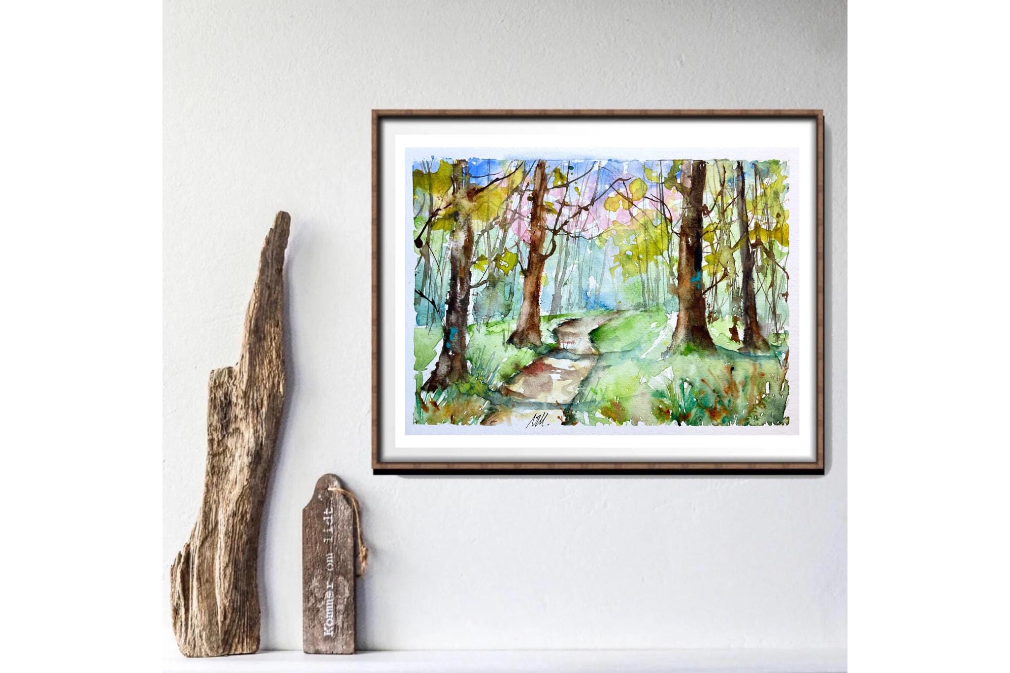 水彩画の春の森の風景、明るい下草のオリジナル絵画、緑の森の壁の装飾